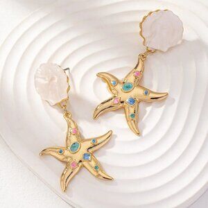 Multicolor Pastel Star Fish Gold Tone Earrings Pierced Sea Shell Beach Vaycay